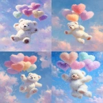 **fluffy white teddy bear flying with pastel heart-shaped balloons, soft fur texture, dreamy sky background, oil painting style, soft brushstrokes, whimsical and cute, pastel colors, highly detailed, fantasy illustration --ar 3:4 --v 7.0** - <@1260560390853754923> (fast)