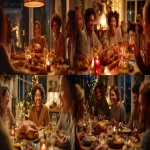 **A cinematic realistic photograph of a group of Latino friends gathered in the living room of a modern cozy home, sharing roasted chicken as the main dish. The table is full of festive side dishes and drinks, warm ambient lighting, soft shadows, joyful atmosphere. Shot with cinematic framing, Leica camera, Cooke lens, shallow depth of field. Christmas and holiday details subtly present: glowing fairy lights, candles, red and golden accents. Friends laughing, eating, and enjoying togetherness, natural realism, emotional and appetizing. --ar 16:9** - <@1081350310305468467> (fast)