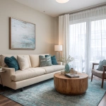 **interior design of a model unit showing the living room. beige sofa with window behind it. white sheer curtains with silver curtain rod. teal and gray area rug. round oak wood coffee table, gray, teal and beige throw pillows, flush mounted silver ceiling light, white table lamp --v 7.0** - Image #1 <@1231814052913877045>