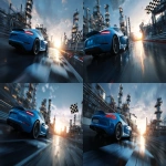 **A blue sports car in motion pulling into an oil refinery with the refinery easily visible. there is a checkered finish line flag waving on the side. make it epic blue lighting. cinematic --ar 3:2 --v 7.0** - Variations (Strong) by <@1264975901624631358> (fast)