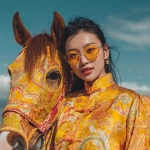 **Ultra realistic high resolution full length photo of a young pretty Asian girl happily wearing bright chinese new year shirt with modern fashion sunglasses, posing happily next to a bright color horse, the background is minimal, hyperrealistic scene. --s 250** - Image #3 <@389249015331422210>