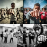 **close-up of a boy's clenched fist, blurry kids in the background, schoolyard setting** - <@1014234226171858944> (fast)
