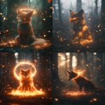 **A mythical fox made of fire, a halo of electricity floating above head, fireflies flying around background, inside of a mystical misty forest, embers in foreground, cinematic, bokeh effect, abstract, foxfire, 3d, uhd, octane render --ar 3:4 --v 6.1** - <@812948421366644747> (fast, stealth)