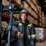 **A male forklift specialist in bright workwear and a helmet, with curly hair and an expressive gaze, standing next to a forklift, leaning on it. In the background, there is a warehouse filled with products neatly arranged on shelves. The scene is softly lit, highlighting the details of his outfit, the forklift, and the products, creating an atmosphere of professionalism, confidence, and a work-focused vibe. --p ud5ebxz** - Image #4 <@1073058804779978844>