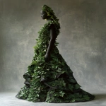 **A high fashion botanical sculpture designed as a couture gown, entirely covered in meticulously arranged lush green leaves and natural textures, elegant silhouette with exaggerated shapes, styled like an editorial fashion shoot, dramatic studio lighting, soft shadows, minimalist backdrop, wearable art meets sculpture, luxury nature-inspired design, avant-garde fashion photography --ar 3:4 --v 6.0 --raw** - Image #1 <@1137663032605028362>