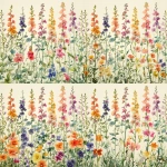 **A delicate watercolor painting of various pastel-colored wildflowers, including larkspur and violets, arranged in rows on the right side of an off-white background. The flowers have soft edges and subtle shading to give them depth. --v 6.0 --s 250 --ar 11:12** - Pan Down by <@756269320539209761> (fast)