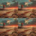 **vast post-apocalyptic desert landscape, abandoned gas station reduced to a distant ruin, fractured highway stretching toward the horizon, scattered wrecks half-buried in sand, low ember sun washing the scene in warm dust light, wide cinematic scale, layered painterly texture, visible grain and rough canvas surface, quiet Mad Max atmosphere, no focal object, no text --v 6.0 --stylize 270 --ar 2:3** - Variations (Region) by <@517786233657622530> (fast)