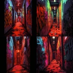 **comic book Cel-shaded anime style with bold clean linework, a long dark hallway lit by deep red lighting, shadows swallowing most details, walls completely covered top to bottom in dense graffiti tags and throw-ups, chaotic layered spray-paint textures, dripping paint, gritty urban atmosphere, high contrast red and black color palette, moody cinematic depth, <https://s.mj.run/PehohFc4Hs8> <https://s.mj.run/J_bf12mOTUI> --ar 16:9 --niji 6** - <@257221362568003584> (fast)