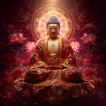 **Highly detailed digital painting of Amitabha Buddha seated in full lotus posture on a large radiant crimson and gold lotus throne, floating amidst cosmic clouds. His expression is calm, solemn, and divine. His eyes are closed, showing deep meditation. He has long earlobes, arched eyebrows, a round top bun, and a glowing red urna on his forehead. His skin is soft and luminous. He wears flowing, elaborately embroidered red and golden-yellow robes, rich with floral and celestial patterns inspired by traditional Chinese thangka and Pure Land Buddhist art. His hands are in Dhyana Mudra, palms upward, right over left, thumbs gently touching. In the center of his chest is the sacred 卍 symbol, glowing faintly. Behind his head is a gigantic radiant halo, with intricate mandala and lotus petal patterns. The halo radiates beams of gold, white, and pink light, blazing outward like a sun of compassion. His entire body is glowing with a soft golden-red aura, and gentle pulses of cosmic light expand outward, merging into the background. The background is majestic and cosmic, a deep crimson sky adorned with glowing floral motifs, swirling energy, falling lotus petals, and mystical golden mist. Celestial textures and sacred geometry enhance the divine presence. The atmosphere is grand, transcendent, and filled with deep spiritual warmth. Vertical format, ultra-detailed, cinematic lighting, with subtle Studio Ghibli-style anime aesthetics blended with sacred Buddhist iconography. Perfect for depicting Amitabha Buddha in a divine oracle card or spiritual thangka.** - Image #2 <@1056980764291514368>
