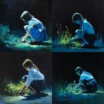 **simple painting of a school girl gardening, crouching down, facing forward, black background, backlit blue and green** - <@696956474584334417> (fast)
-# Create, explore, and organize on [midjourney.com](<https://midjourney.com/imagine?from_discord=1>)