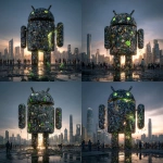 **<https://s.mj.run/rWcFtaYzAZ8> The Android Robot made of mobile phones is collapsing, there are gaps in the robot and it is crumbling away, people looking up at it, green malware bugs trying to get inside it, cityscape, hyperrealistic, photorealistic, reflections, raytrace, super realistic, magic hour, dramatic lighting, art style of Blade Runner** - Variations (Strong) by <@1048326817838280714> (fast, stealth)