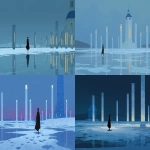 **a woman in a black coat walks on a frozen lake. white pillars with lights inside stand around the lake, and behind it is a tall church with a blue roof at night, in the minimalist anime style. --ar 128:71 --v 7.0 --p mwpi95x** - <@451473582770618389> (fast)