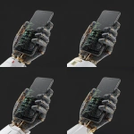**iphone17, straight on, held by robot hand made of coding lines --v 7.0** - Zoom Out by <@1048326817838280714> (fast, stealth)