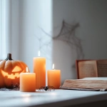 **<https://s.mj.run/ZZjoODn8UNs> A realistic photo featuring a white horizontal tabletop in the foreground with several small orange candles lit. In the background, a few subtle Halloween-themed details such as a small carved pumpkin, a closed spell book with worn pages, a black spider crawling on a corner, and a faint spider web against the wall. The scene is softly lit with natural daylight, creating a minimalist yet spooky autumn atmosphere without being overly decorated. --s 525 --c 10 --v 6.1** - Image #1 <@437658373576720385>