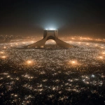 **A breathtaking cinematic night scene in Tehran. A massive, peaceful crowd surrounds the Azadi Tower in complete darkness. Thousands of people hold up their phones, creating a sea of warm white lights forming a perfect circle around the monument. The Azadi Tower stands in the center, monumental, softly illuminated, calm and timeless. No faces visible, only silhouettes unity over individuality. Atmosphere is silent, emotional, sacred, and powerful. Subtle mist in the air, deep shadows, dramatic contrast. Ultra-realistic photography, cinematic lighting, long exposure look, high detail. Shot from a high aerial perspective, epic scale. Mood: hope, resilience, quiet strength, goosebumps. --ar 9:16** - Image #3 <@1243161661557309564>