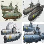 **a dnd style concept art of two feudal japan iron and wooden arctic based space submarines, have different number in the hull, same size but not identical, dark industrial scifi style, labeled as marine research submarines, white base color with small hi-viz lime hazard markings, mechanical details, Japanese characters, realistic look, moody atmosphere, a little bit foggy, signal towers, various size nobori, have japanese anime mural on the hulls, signal cabbles, on a white background in the style of Studio Ghibli and Makoto Shinkai, cel-shaded, full-body, cartoon, 2D game art --ar 8:5** - <@1043498067623686144> (fast)