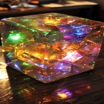 **a surreal glowing sci-fi object on a table, designed to be sliced. The object could be crystal, fruit, cake, soap loaf, or a holographic cube. Explodes with over-the-top color and light neon rainbows, glowing gradients, bioluminescent textures, radiant inner core shining through cracks. Cinematic macro close-up, hyperrealistic detail, futuristic atmosphere, dazzling dramatic lighting. --ar 9:16 --chaos 50 --v 6.0 --raw** - Image #2 <@692146423638261810>