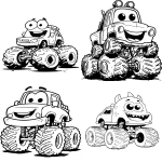 **Cute cartoon monster truck, happy face, exaggerated big wheels, simple shapes, thick bold outlines, black and white line art, no shading, kids coloring book --ar 9:11 --v 7.0** - <@1056554354854854686> (fast)