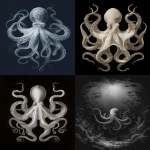 **white octopus floating in the darkness, engraving, illustration, Gustave Diore style, symetric, --ar 4:5** - <@1019171884983648307> (fast)