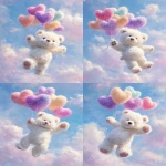 **fluffy white teddy bear flying with pastel heart-shaped balloons, soft fur texture, dreamy sky background, oil painting style, soft brushstrokes, whimsical and cute, pastel colors, highly detailed, fantasy illustration --ar 3:4 --v 7.0** - Variations (Strong) by <@1260560390853754923> (fast)