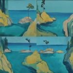 **<https://s.mj.run/pPytsLEIUl0> an abstract painting of georgian bay frothy water crashes onto the shore of a rock island with a single wind blown pine tree, paint mixed with streaks, muted and abstract forms, in the style of Helen Frankenthalter --sref <https://s.mj.run/pPytsLEIUl0> --ar 3:2 --s 150** - <@999895176619237436> (fast)