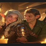 **<https://s.mj.run/VVV2XUVIgJw> illustration of two characters : a man human and a woman elf, looking at something in front of them, they look curious and cheerful, in a tavern lit by candles during nighttime (light coming from the left), natural colors, professional illustration, league of legends splash art style, mooncolony studio --ar 2:3 --niji 6** - Image #1 <@886738135285911622>