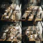 **Tracking shot over a modular table surface split into two clear zones with a line in between , one filled with design mockups, physical models, and material swatches Cinematic and realistic raw --ar 16:9** - Variations (Strong) by <@1091274885151600654> (fast)