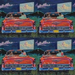 **imagine an African-American teenage couple in a 1955 Chevrolet Impala watching the big screen at a drive-in movie theater. Include 50's style movie audio speaker. Include food tray with box of popcorn. Color boldly with Crayola pencil colors --v 6.0 --ar 1:1** - Variations (Region) by <@1195065809194717297> (fast)