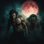**a vampire and werewolf / in the form of two full body handsome vascular masculine men / exhibiting savage rapacious hunger / for human life spirit / brightly illuminated by / a brilliant full moon in a nighttime sky / full length view --no women, girls, females --s 50** - Image #2 <@1080572898269466724>