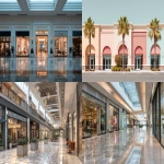 **a row of stores inside a mall, front-facing facade, --ar 16:9** - <@1093082509220253776> (fast)