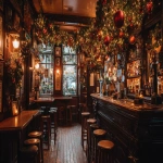 **traditional Irish pub decorated for Christmas, hyper-realistic warm interior, wooden bar, dark wood stools, shelves filled with bottles, classic Guinness taps, garlands of evergreen and holly, red and gold baubles hanging from the ceiling, dense twinkling fairy lights, cozy festive clutter, vintage signs, soft warm amber glow, textured wooden floor, frosted window with soft daylight, no people, inviting and atmospheric, extremely detailed, photo-realistic, cinematic lighting, symmetrical composition, static camera, perfect for seamless looping --ar 16:9 --no people --no motion --chaos 10 --raw** - Image #3 <@1037124382050492508>