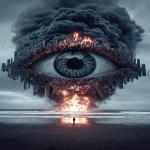 **<https://s.mj.run/zvtFloC-qXc> black glitch scanline distorition fire, eyes burning, white pupil with red center, roasting on the beach, dusk cinematic --ar 2:3 --s 666 --p ajjw9qi --sref 4240880785 2348464004 <https://s.mj.run/zvtFloC-qXc> --v 7.0** - Image #1 <@788265797444173834>