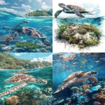**A sea turtle swimming gracefully in the clear blue waters of an island, surrounded by coral reefs and seagrass. Realistic art style, high resolution, hyper-realistic oil painting, eye-catching composition, detailed illustration, white background. --ar 5:7 --v 6.0 --s 250** - <@756269320539209761> (fast)
