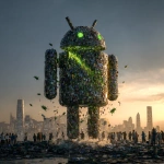 **<https://s.mj.run/rWcFtaYzAZ8> The Android Robot made of mobile phones is collapsing, there are gaps in the robot and it is crumbling away, people looking up at it, green malware bugs trying to get inside it, cityscape, photorealistic, magic hour, dramatic lighting** - Image #3 <@1048326817838280714>