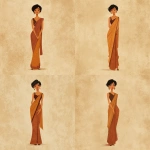 **Pixar Disney style flat 2D procreate textured full length illustration of an Indian tall woman standing with short hair , dressed in a saree and earrings. The style should have clean outlines, and subtle textured shading to give it a hand-painted feel.** - Image #2 <@748085296171843676>** - Variations (Strong) by <@748085296171843676> (turbo)