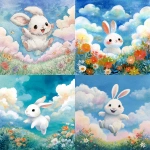 **A colorful and bright fairytale-style illustration, a large cute white rabbit smiling and hopping in the center, background with blue sky and fluffy clouds, green meadow with blooming flowers at the bottom, soft watercolor texture, gentle line art, cheerful and warm, in the style of a Japanese children's picture book cover, square format, suitable for a music album jacket** - <@1212945075831836692> (relaxed)