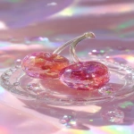**a highly detailed crystal cherry art piece, shaped like a pair of cherries made entirely of translucent gemstone, iridescent rainbow reflections, sparkling diamond-like textures, placed on a clear glass plate, surrounded by crystal droplets, soft pastel lighting, dreamy glossy aesthetic, hyper realistic photography, fantasy luxury concept --ar 9:16** - Image #2 <@1240240057374478349>