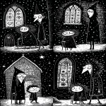 **Five of Pentacles tarot card by Sarah Andersen. The image is black and white and depicts a an old hag with crutches walking from left to right with a man behind her passing by the camera. They walk in the snow passing a church window with stained glass depicting five pentacles. The hag wears a cloak. all set against a black background, and the overall design is simple yet striking, in the style of Sarah Andersen. --ar 3:5 --profile fllp7es** - Variations (Strong) by <@409716268476923920> (fast)
-# Create, explore, and organize on [midjourney.com](<https://midjourney.com/imagine?from_discord=1>)