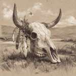 **dibujo de cráneo de vaca con plumas colgando de sus cuernos en un paisaje desértico --v 7.0** - Image #1 <@1099054943794647211>