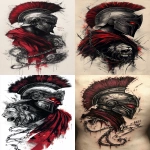 **a realism style black and grey tattoo design, a spartan style helmet with dark red glowing face facing half profile right, underneath the helmet is a red velvet cloak sweeping down the left side, there is a large chrome linked chain flowing downwards wrapping around a lions face mounted sculpture, there is also a scroll like banner with ethe words ‘Ephesians 6:11’ in a sqxript font. --ar 1:2 --v 6.1 --s 250** - <@1076015754727661618> (fast)
