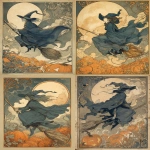 **1920s Art-Nouveau lithograph Halloween postcard: graceful witch in flowing midnight-blue cloak and wide-brim hat, riding a crooked broom above a glowing jack-o’-lantern field; swirling stylized moonlit clouds and curling vines frame the scene in sinuous decorative lines. Muted pumpkin-orange, indigo, and parchment-cream palette; light sepia wash, fine ink hatching, subtle paper texture with foxing and slightly worn deckled edges for authentic vintage charm. --ar 3:4 --quality 2 --no modern fonts, no digital artifacts, no neon colors** - <@1117617880301830245> (fast)