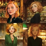 **a painted portrait of a woman with strawberry blonde hair and green eyes. She is smart and witty but a little naive. The background is of a bar or club. --v 7.0** - <@705576913632100503> (fast)