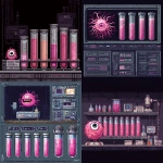 **pixel art spritesheet of high tech lab for a side scrolling game, pink embreo of baby beholder monster in test tubes --v 7.0** - <@758874491680981014> (fast)