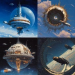 **a retro future style alien megastructure inspired by Peter Elson being visited by small human spacecraft inspired by designs from the Cowboy Bebop anime. Also take inspiration from 80s and 90s space opera anime.** - <@270629448217264139> (fast)