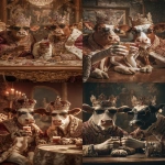 **Ultra HD full body portrait photo of two king cows sitting at a table at a club, wearing kings ornate robes, wearing crowns with lots of gems on the crown, wearing sunglasses. the two cows are at a party and are holding their arm out with drinks in their hands doing a cheers motion to celebrate. background is decorated with a royal theme. taken with a cannon eos, hyperrealistic, natural lighting --ar 2:3 --raw** - <@1103975769467789322> (relaxed)