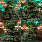 **Abstract, long-exposure portrait of a kid dressed as a head of lettuce in Belle Epoque fashion, their silhouette blurred in fluid motion beneath flickering gaslight chandeliers. Cascading layers of delicate lettuce ruffles and lace sleeves dissolve into painterly streaks, evoking a surreal fusion of haute couture and garden whimsy. The darkened room suggests a velvet-draped Parisian theatre, bathed in grainy soft focus and lit by ethereal turquoise and dusky rose highlights, casting shimmering reflections on lacquered floors and stained-glass panels. Their verdant costume flows like ink in water, caught mid-gesture in a ghostly sweep of time. A nostalgic film grain overlays the entire image, like a lost glass-plate negative, while soft light blooms around their figure, forming a gentle halo of innocence and mystery. The mood is poetic and otherworldly as if captured during a Belle Époque séance inside an art nouveau dream. High resolution, surreal motion blur, tonal color grading, and cinematic lighting. --ar 2:3 --profile sdrrzng --ow 50 --stylize 350 --oref <https://s.mj.run/5UfkGHZpf1w> --c 55 --v 7.0** - Variations (Strong) by <@1197624915298357348> (relaxed)