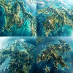 **a high-resolution top-down map-style view of the Japanese archipelago clearly showing Honshu, Hokkaido, Kyushu, and Shikoku, connected by land to the Asian continent, natural terrain integration, photorealistic topographic textures, detailed coastlines, no ocean between Japan and Korea, --ar 16:9 --v 6.0** - <@1099207703915679824> (fast)