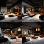 **<https://s.mj.run/UgNjmtqOs1I> as a backstage lounge, couch, armchair, coffee table, shelves, armchair, tv unit, modern, bold, sleek** - Variations (Strong) by <@1042869441119137813> (fast)