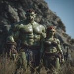 **Realistic 3d rendering. Full body portrait of two characters. ruggedly handsome, Hyper muscular handsome twin green skinned orcs, bright silver eyes, short curly redred hair, short pointed ears, defined muscles, pronounced features, hyper muscular, wide Grecian nose, strong square jaw, defined cheek bones, masculine features, freckles. Bodybuilder. wearing a tight short leather skirt. His oiled skin glistens under intense studio lighting. A strong camera flash highlights the shine on his muscles, creating bright reflections on his body, arms, and thighs. Retro fitness photography style, slightly exaggerated lighting contrast, 90s magazine aesthetic, center-framed, studio portrait shot. Standing and posing in a sunny rocky field. --ar 5:6 --v 7.0** - Image #4 <@1222981214734913607>