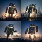 **<https://s.mj.run/rWcFtaYzAZ8> The Android Robot made of mobile phones is collapsing, there are gaps in the robot and it is crumbling away, it is falling apart, leaving to one side, about to tumble, people looking up at it, trying to get inside it, cityscape, photographic, hyperrealistic, photorealistic, metallic, glowing, raytrace, super realistic, magic hour, dramatic lighting, cinematic --v 7.0** - <@1048326817838280714> (fast, stealth)